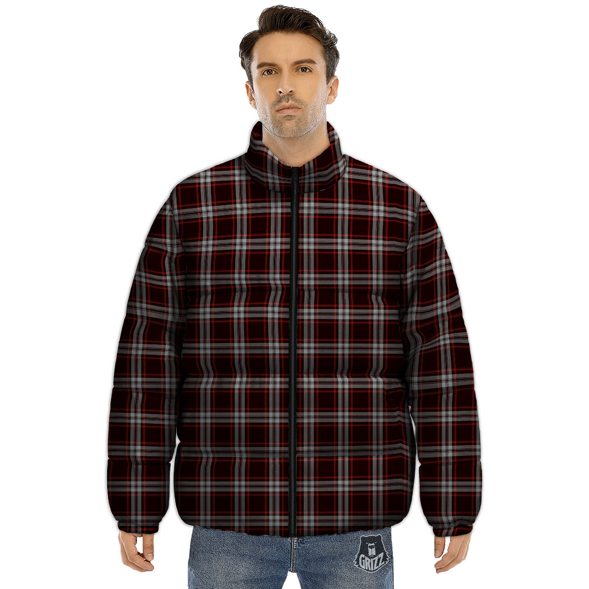 Scottish Plaid Grey Black And Red Print Puffer Jacket-grizzshop