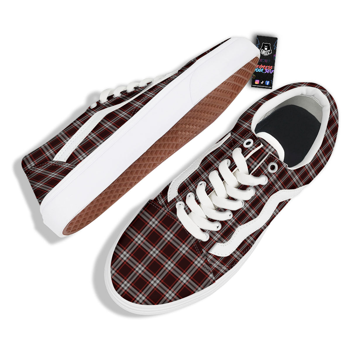 Scottish Plaid Grey Black And Red Print Skate Shoes-grizzshop