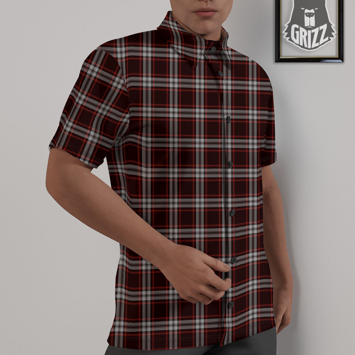 Scottish Plaid Grey Black And Red Print Untucked Shirts-grizzshop