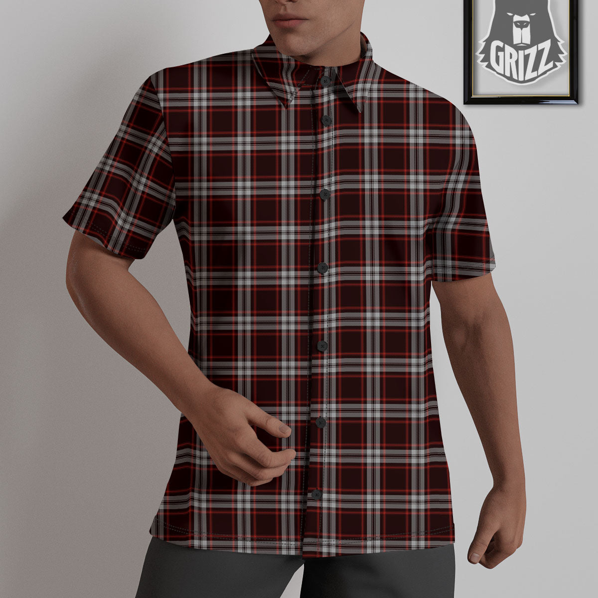 Scottish Plaid Grey Black And Red Print Untucked Shirts-grizzshop