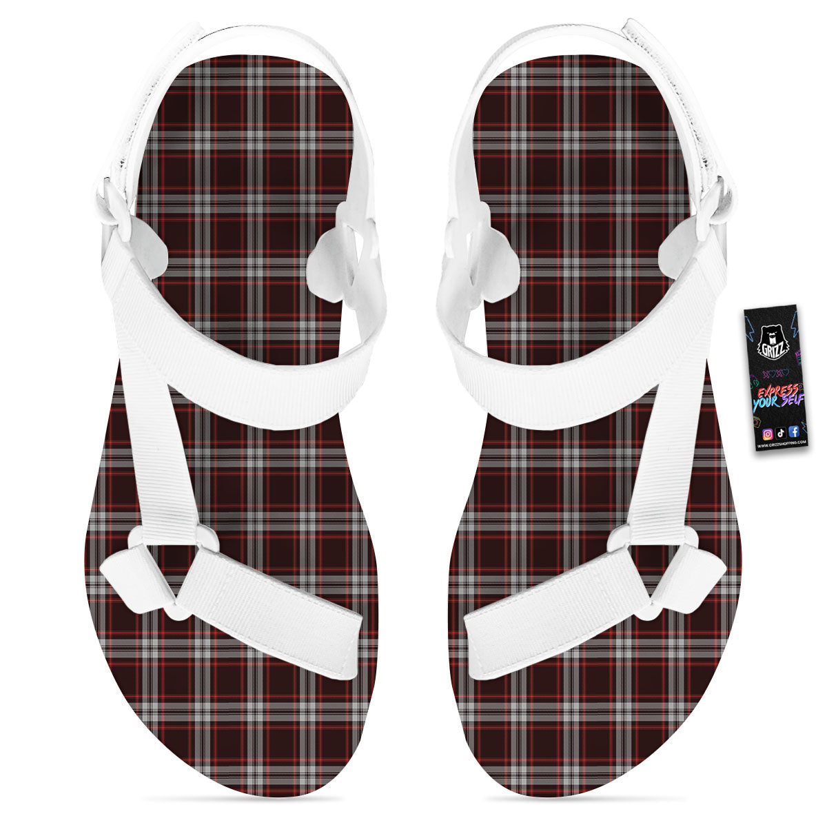 Scottish Plaid Grey Black And Red Print White Open Toe Sandals-grizzshop