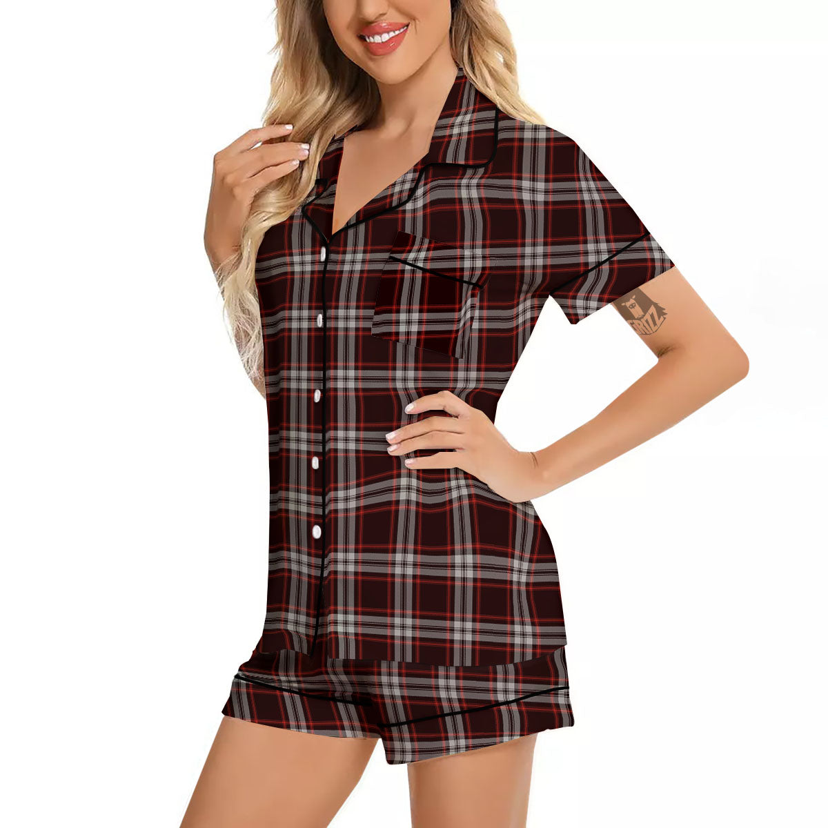 Scottish Plaid Grey Black And Red Print Women Silk Pajamas-grizzshop