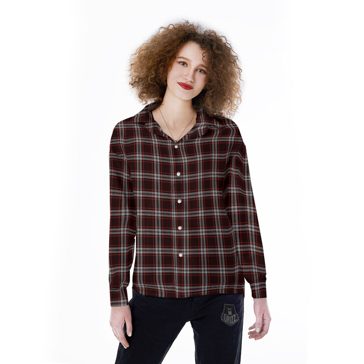 Scottish Plaid Grey Black And Red Print Women's Long Sleeve Shirts-grizzshop