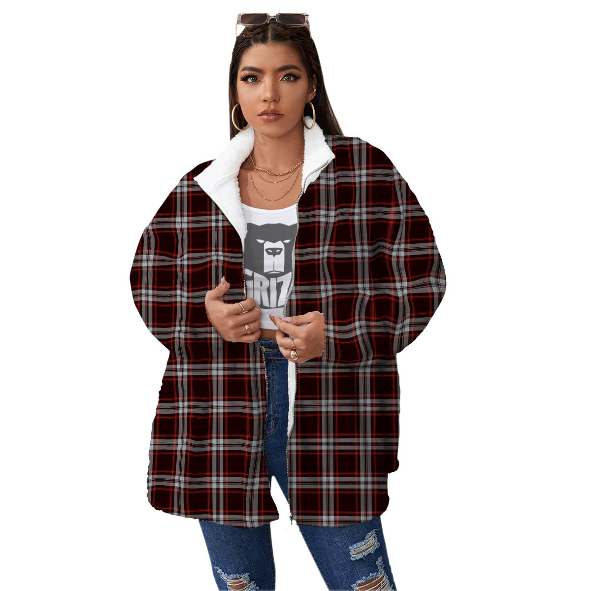 Scottish Plaid Grey Black And Red Print Women's Sherpa Jacket-grizzshop