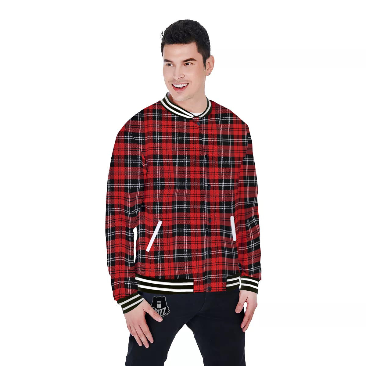 Scottish Plaid Red Black And White Print Pattern Baseball Jacket-grizzshop