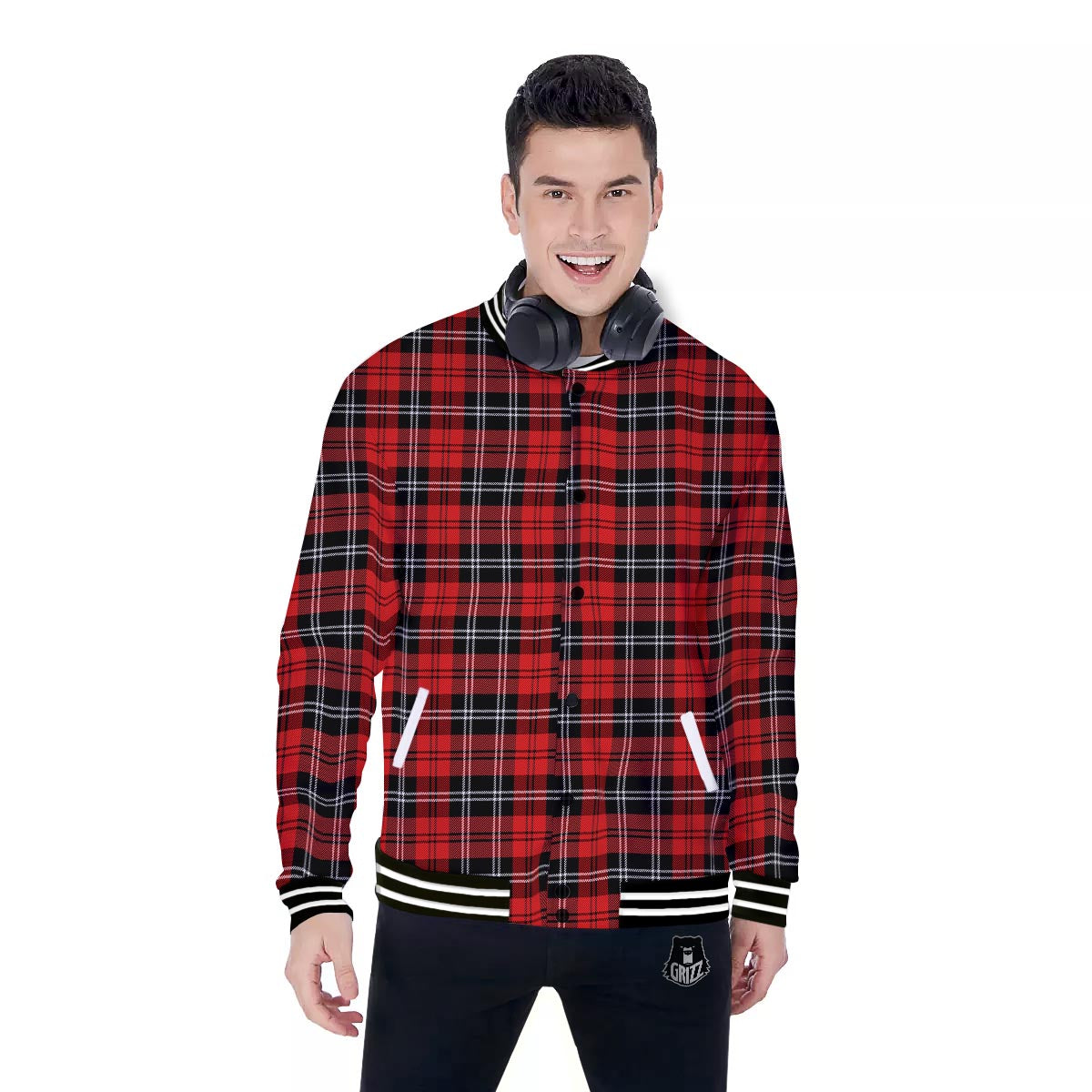 Scottish Plaid Red Black And White Print Pattern Baseball Jacket-grizzshop