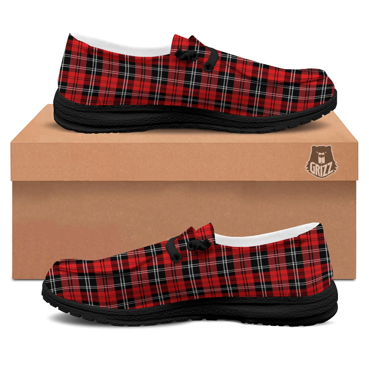 Scottish Plaid Red Black And White Print Pattern Black Loafers-grizzshop