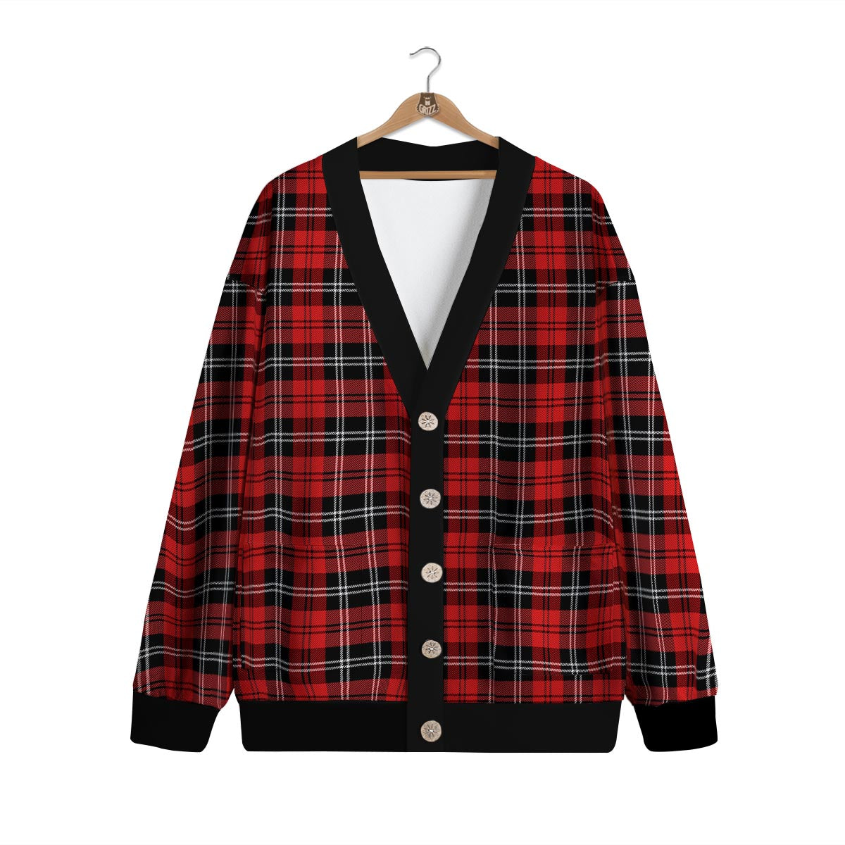 Scottish Plaid Red Black And White Print Pattern Cardigan-grizzshop