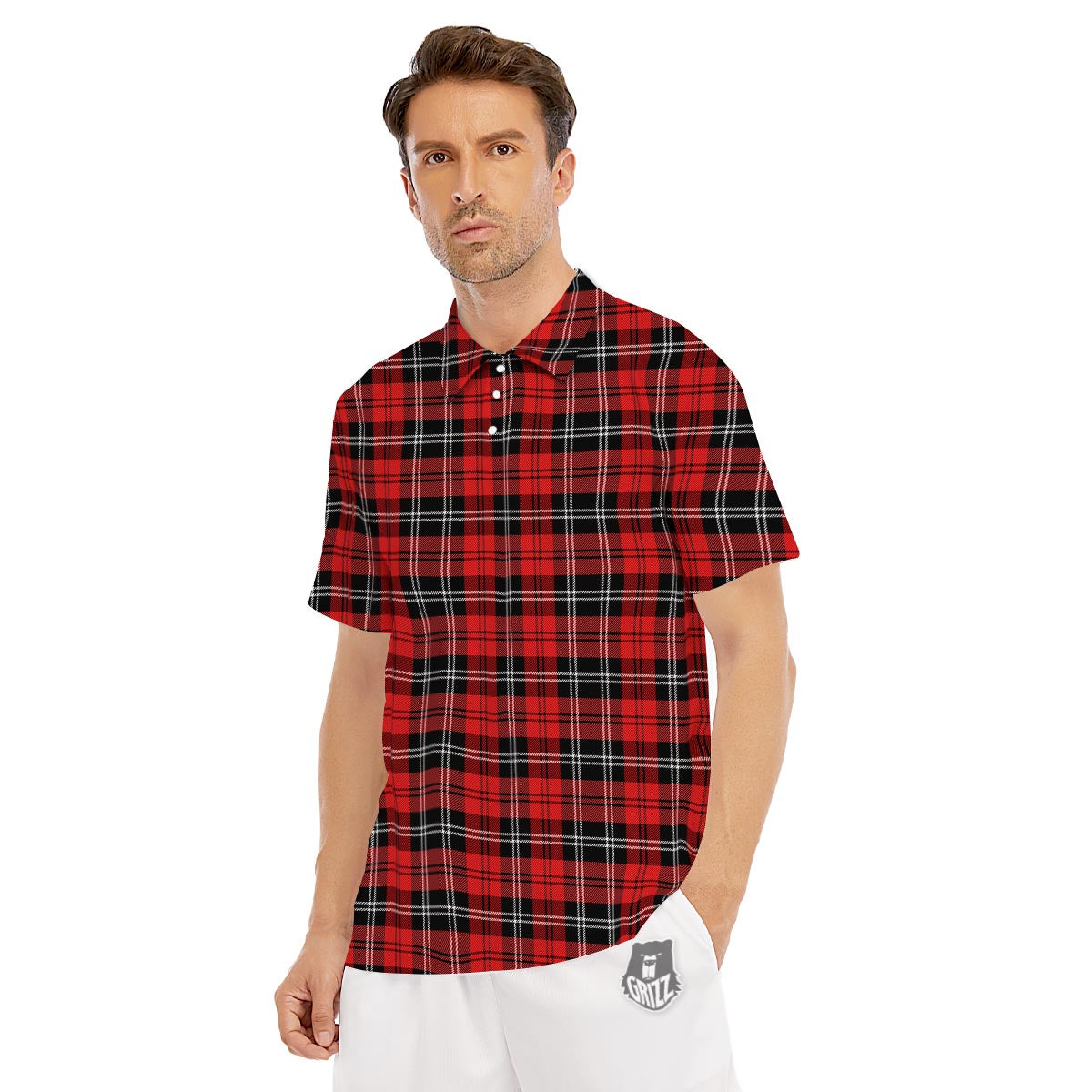 Scottish Plaid Red Black And White Print Pattern Men's Golf Shirts-grizzshop