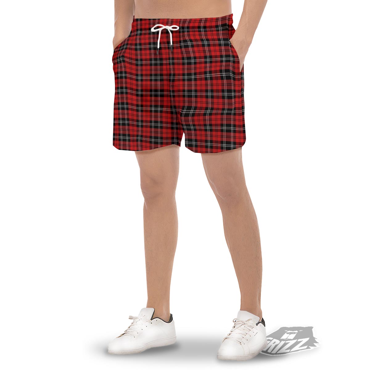 Scottish Plaid Red Black And White Print Pattern Men's Gym Shorts-grizzshop