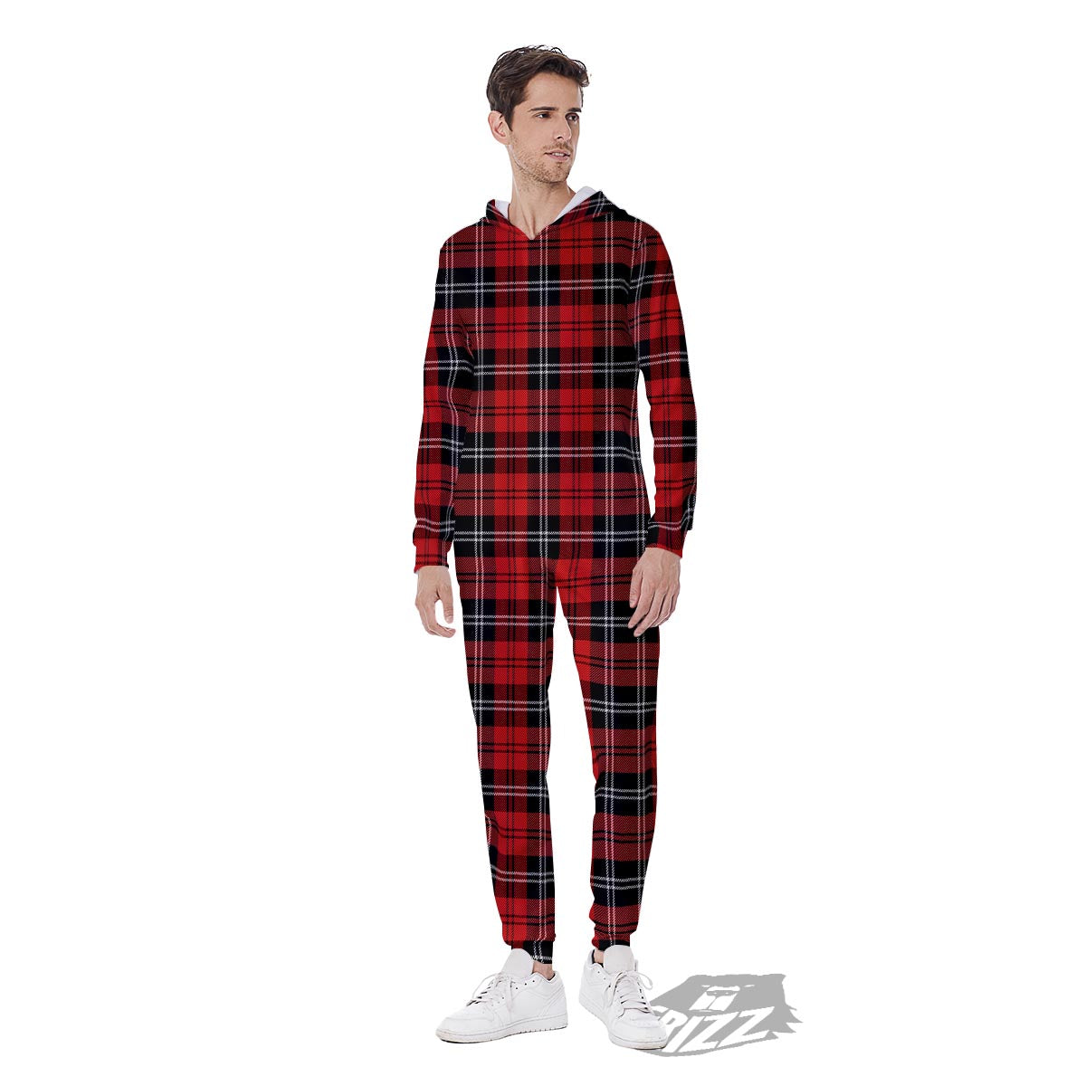 Scottish Plaid Red Black And White Print Pattern Men's Jumpsuit-grizzshop