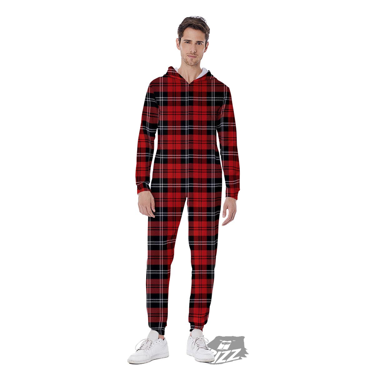 Scottish Plaid Red Black And White Print Pattern Men's Jumpsuit-grizzshop