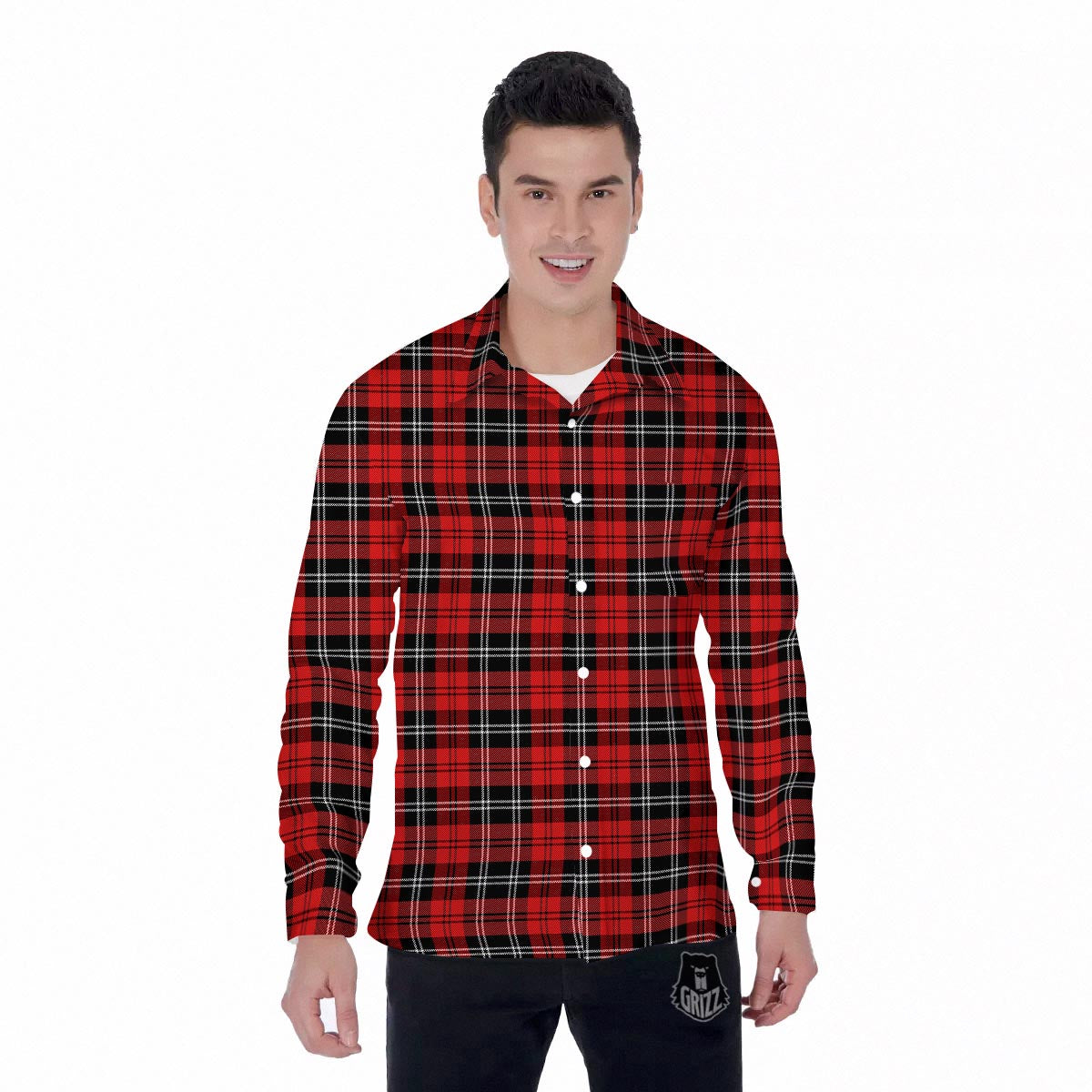 Scottish Plaid Red Black And White Print Pattern Men's Long Sleeve Shirts-grizzshop