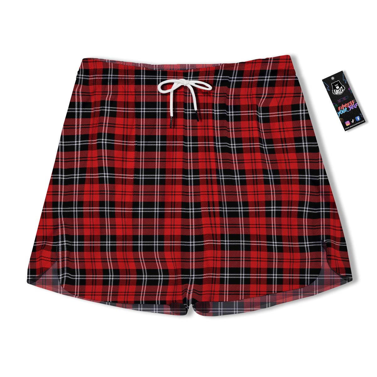 Scottish Plaid Red Black And White Print Pattern Men's Running Shorts-grizzshop