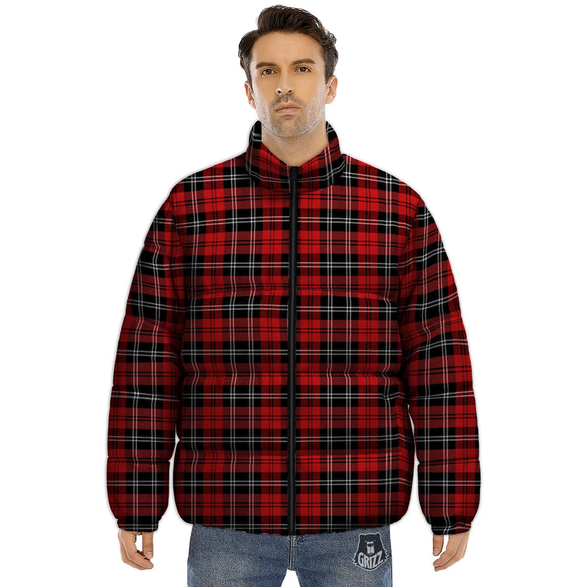 Scottish Plaid Red Black And White Print Pattern Puffer Jacket-grizzshop