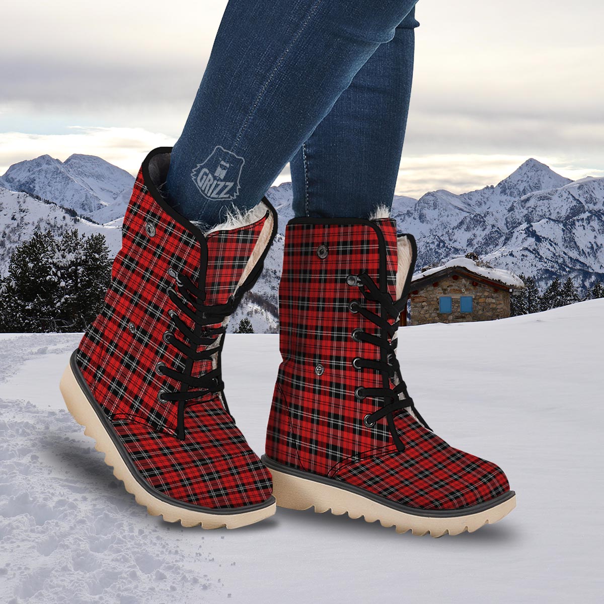 Scottish Plaid Red Black And White Print Pattern Snow Boots-grizzshop