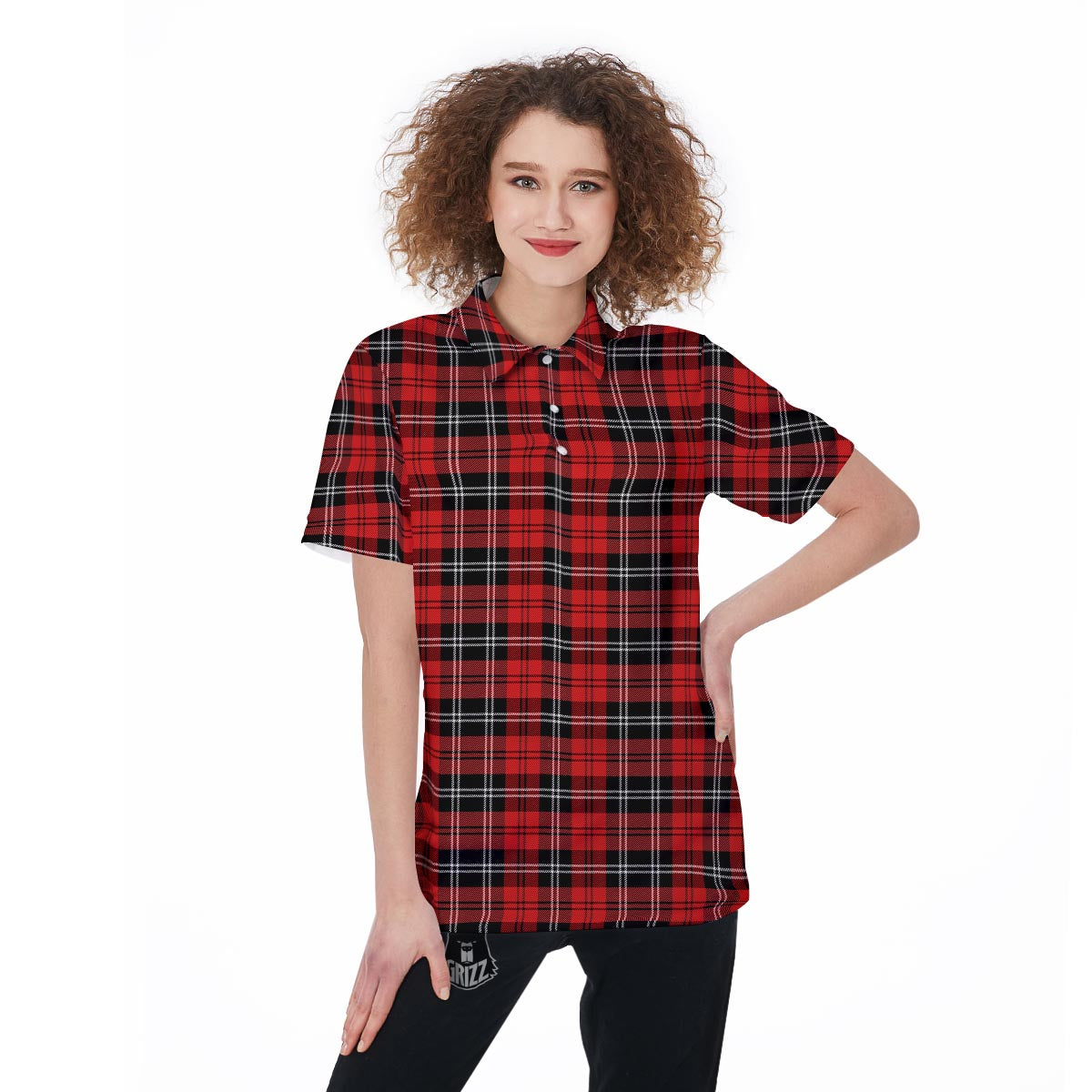 Scottish Plaid Red Black And White Print Pattern Women's Golf Shirts-grizzshop