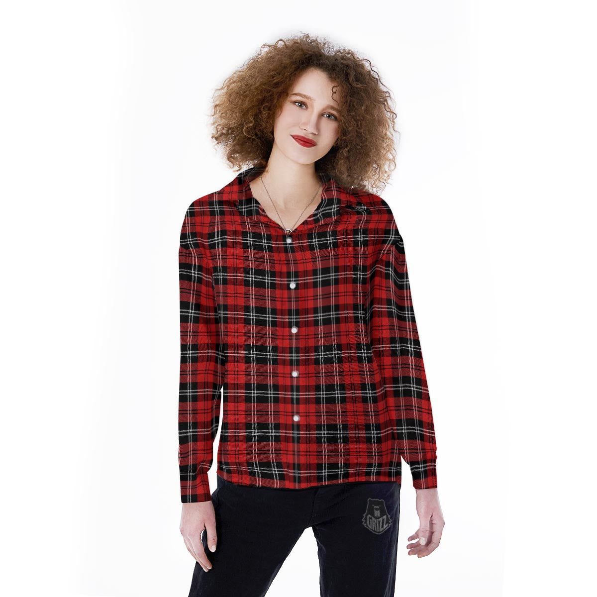 Scottish Plaid Red Black And White Print Pattern Women's Long Sleeve Shirts-grizzshop