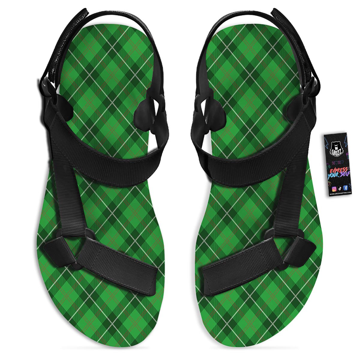 Scottish Plaid Saint Patrick's Day Print Pattern Black Open Toe Sandals-grizzshop