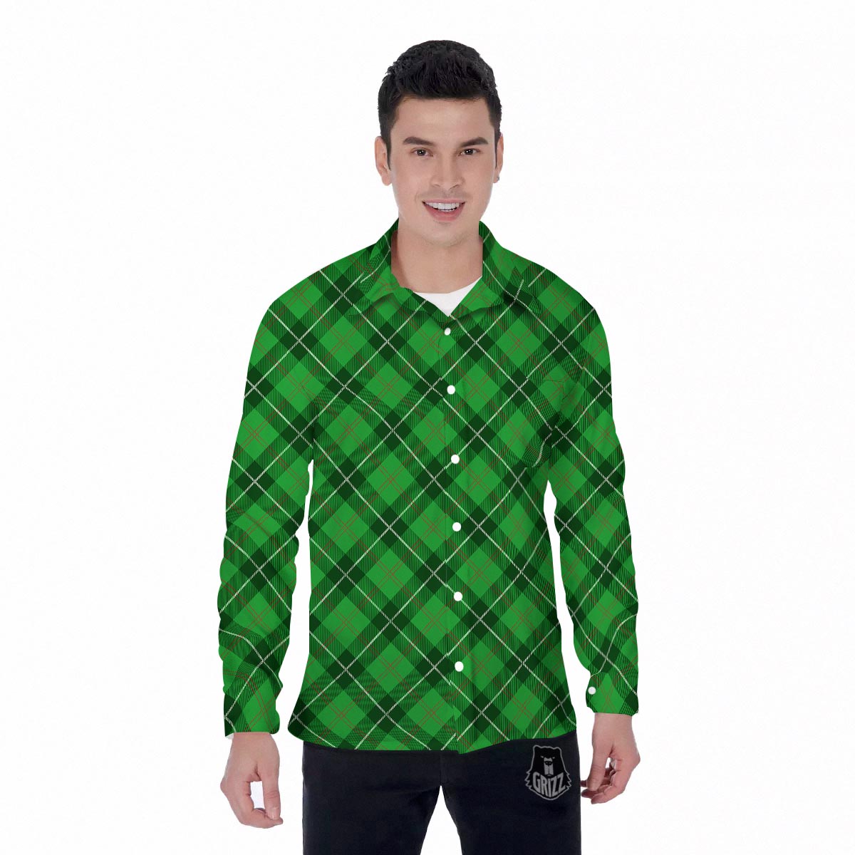 Scottish Plaid Saint Patrick's Day Print Pattern Men's Long Sleeve Shirts-grizzshop