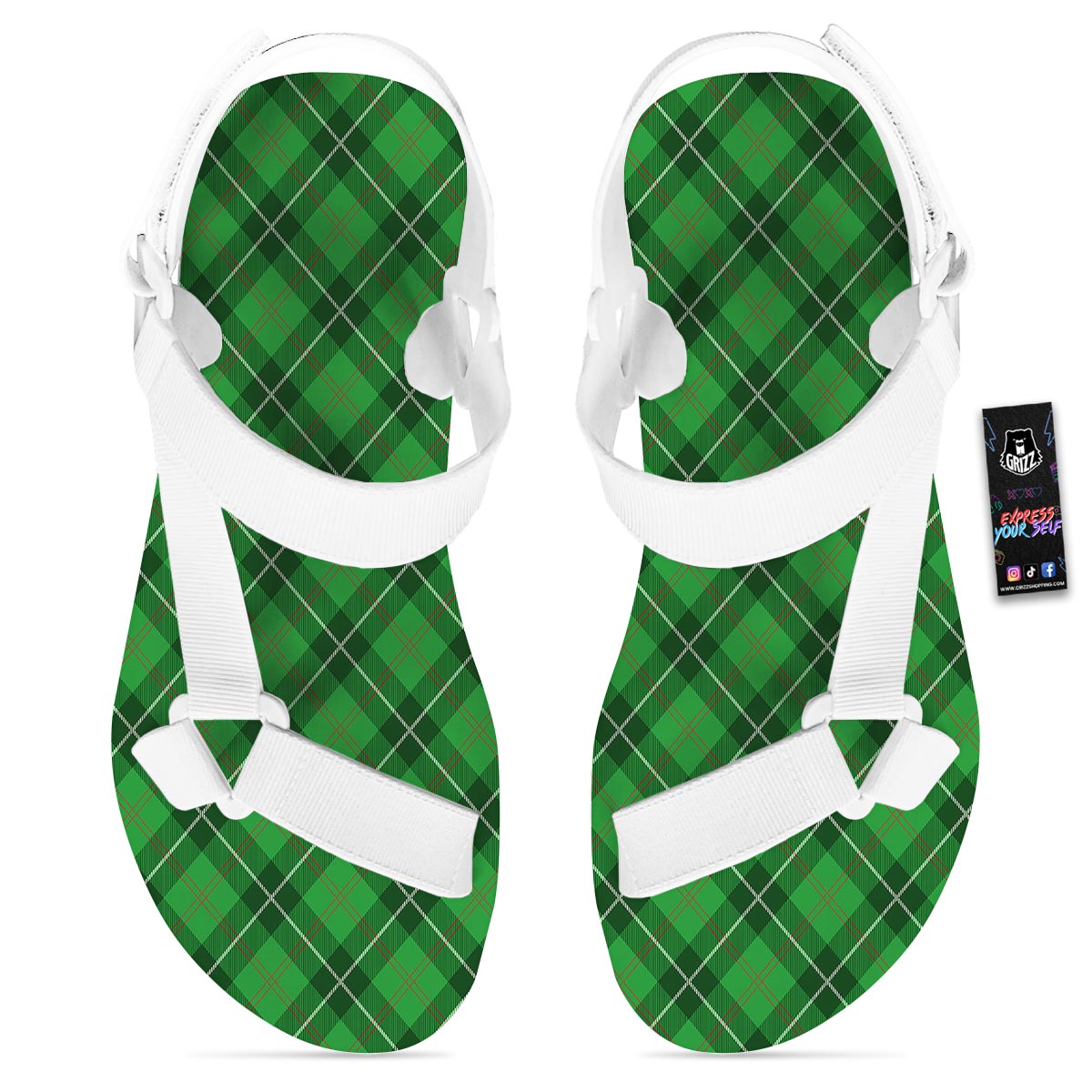 Scottish Plaid Saint Patrick's Day Print Pattern White Open Toe Sandals-grizzshop