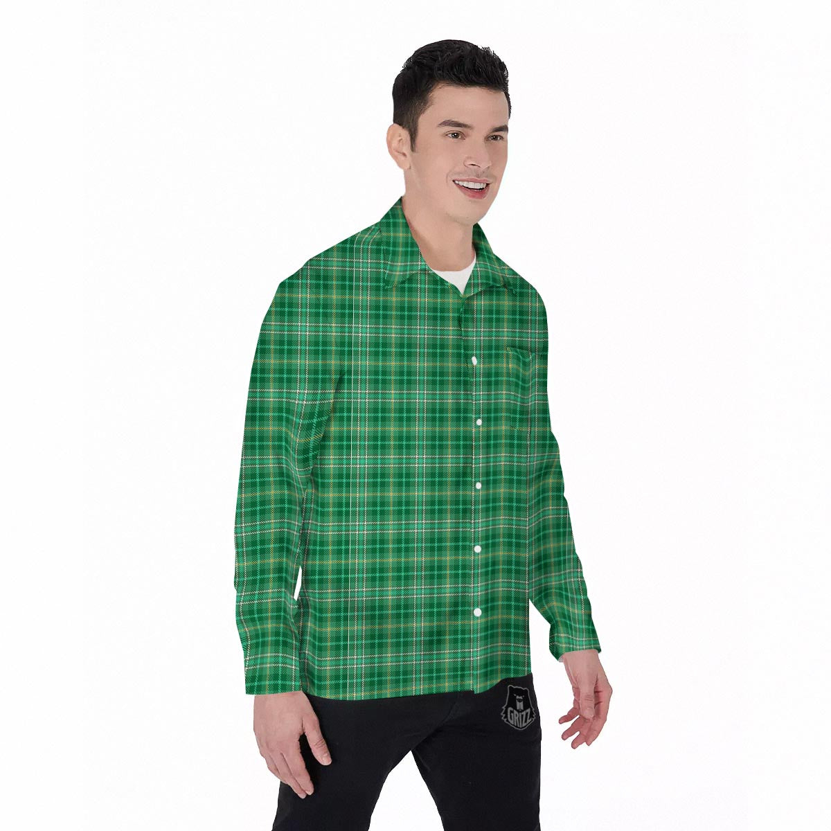 Scottish Plaid St. Patrick's Day Print Pattern Men's Long Sleeve Shirts-grizzshop