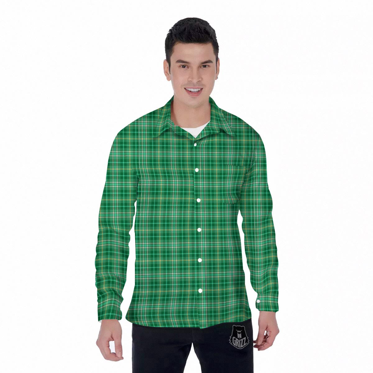 Scottish Plaid St. Patrick's Day Print Pattern Men's Long Sleeve Shirts-grizzshop