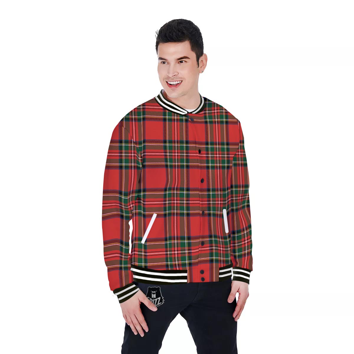 Scottish Stewart Tartan Print Pattern Baseball Jacket-grizzshop