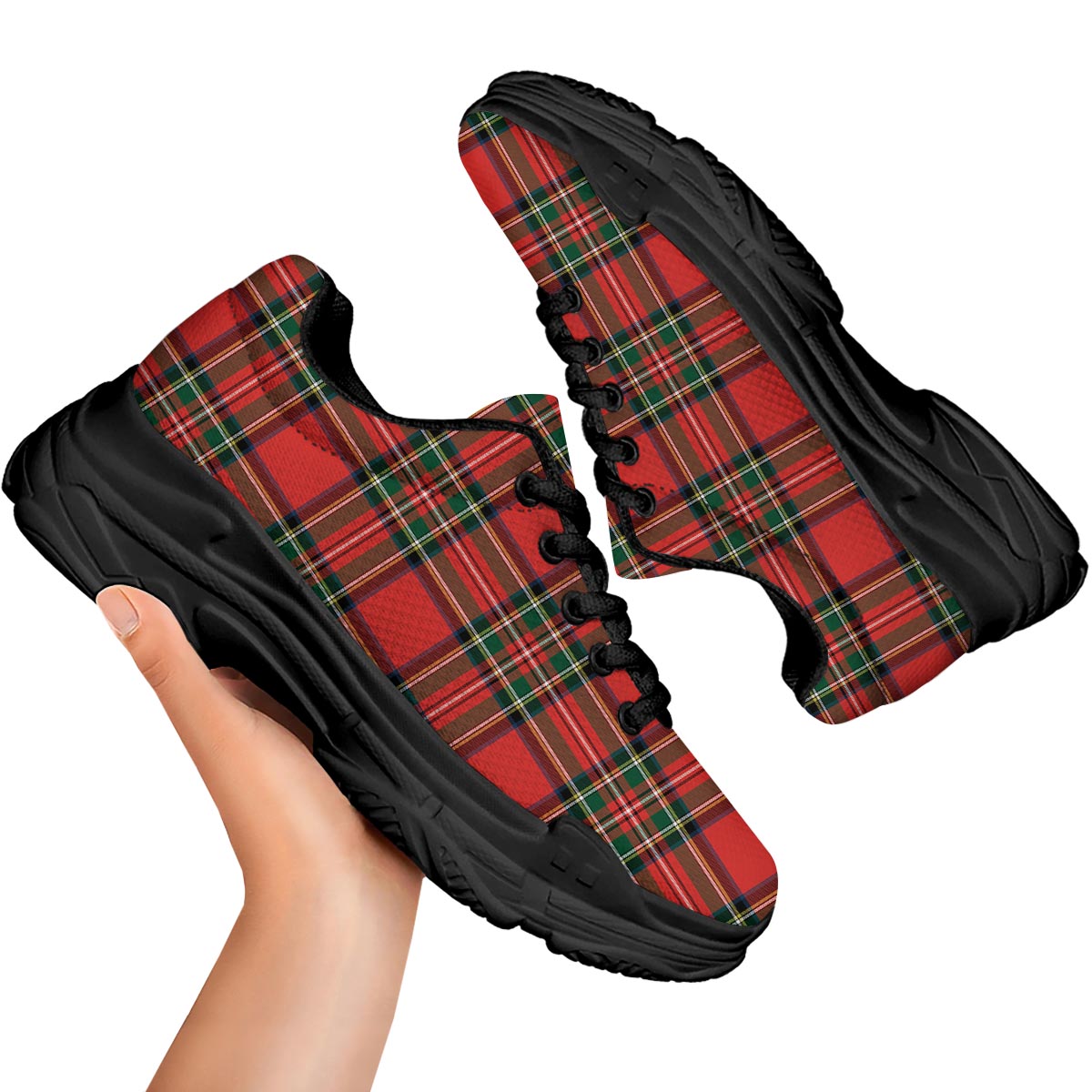 Scottish Stewart Tartan Print Pattern Black Chunky Shoes-grizzshop