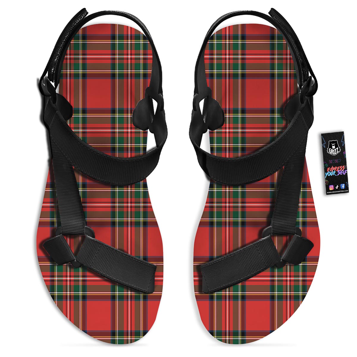 Scottish Stewart Tartan Print Pattern Black Open Toe Sandals-grizzshop