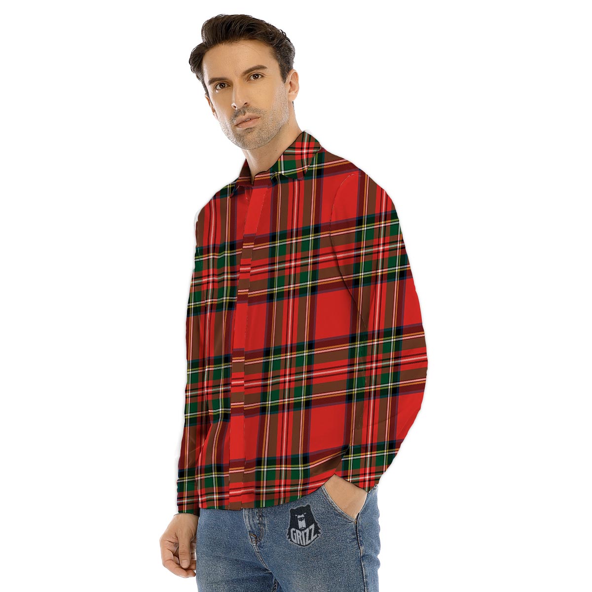 Scottish Stewart Tartan Print Pattern Men's Dress Shirts-grizzshop