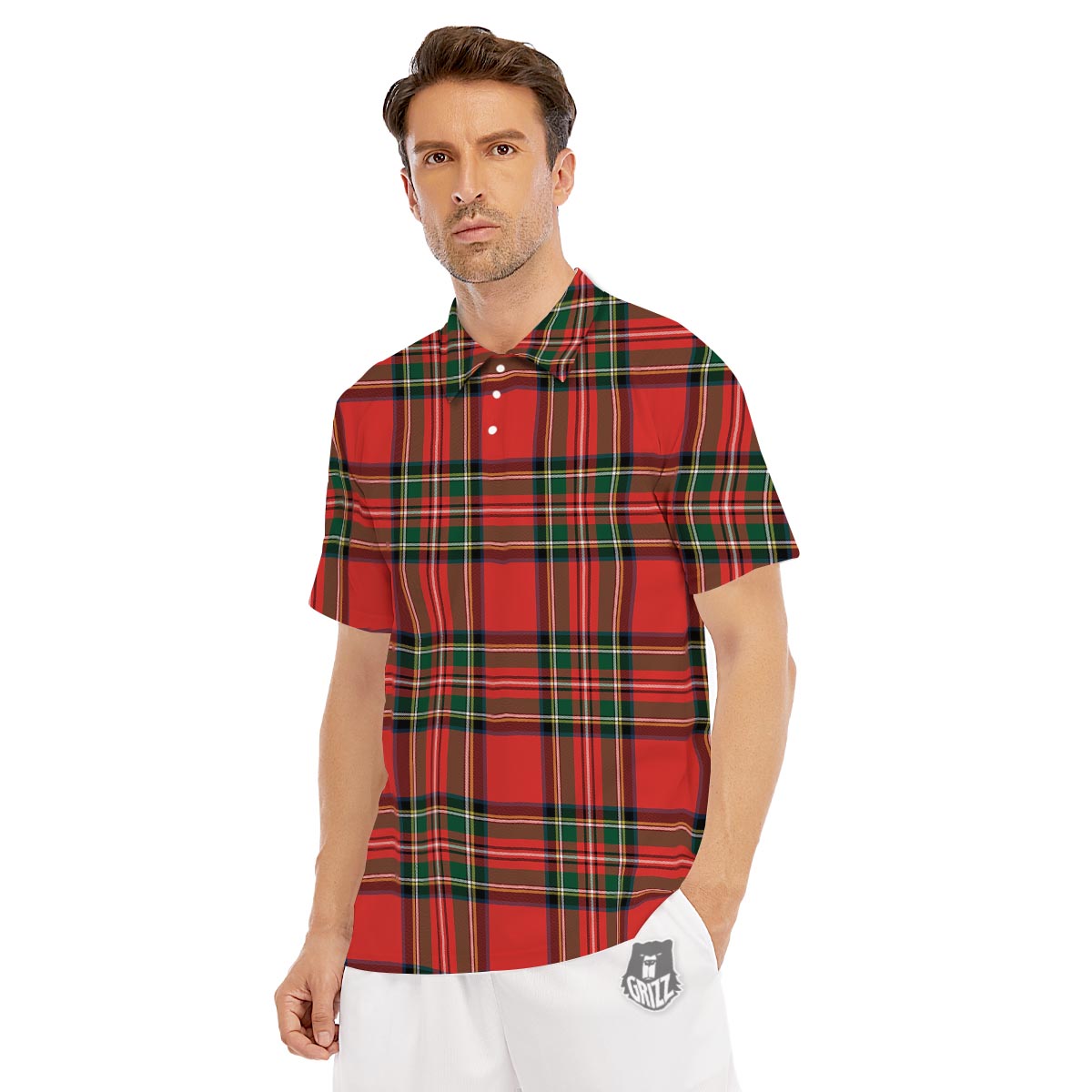 Scottish Stewart Tartan Print Pattern Men's Golf Shirts-grizzshop