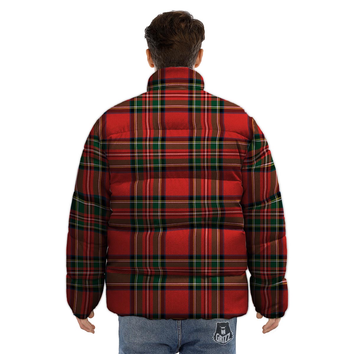 Scottish Stewart Tartan Print Pattern Puffer Jacket-grizzshop