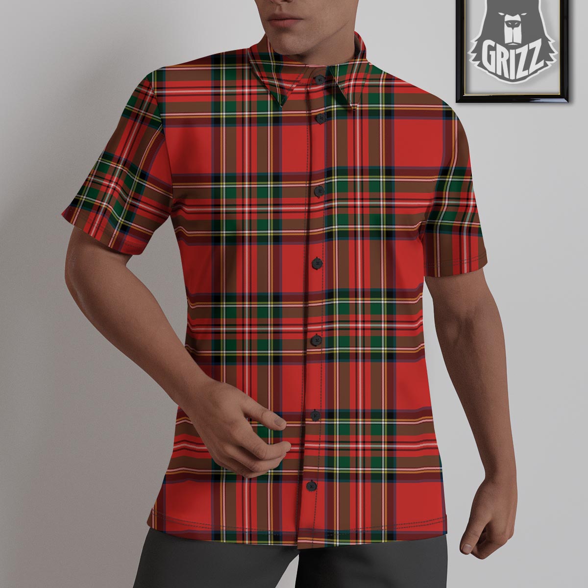 Scottish Stewart Tartan Print Pattern Untucked Shirts-grizzshop
