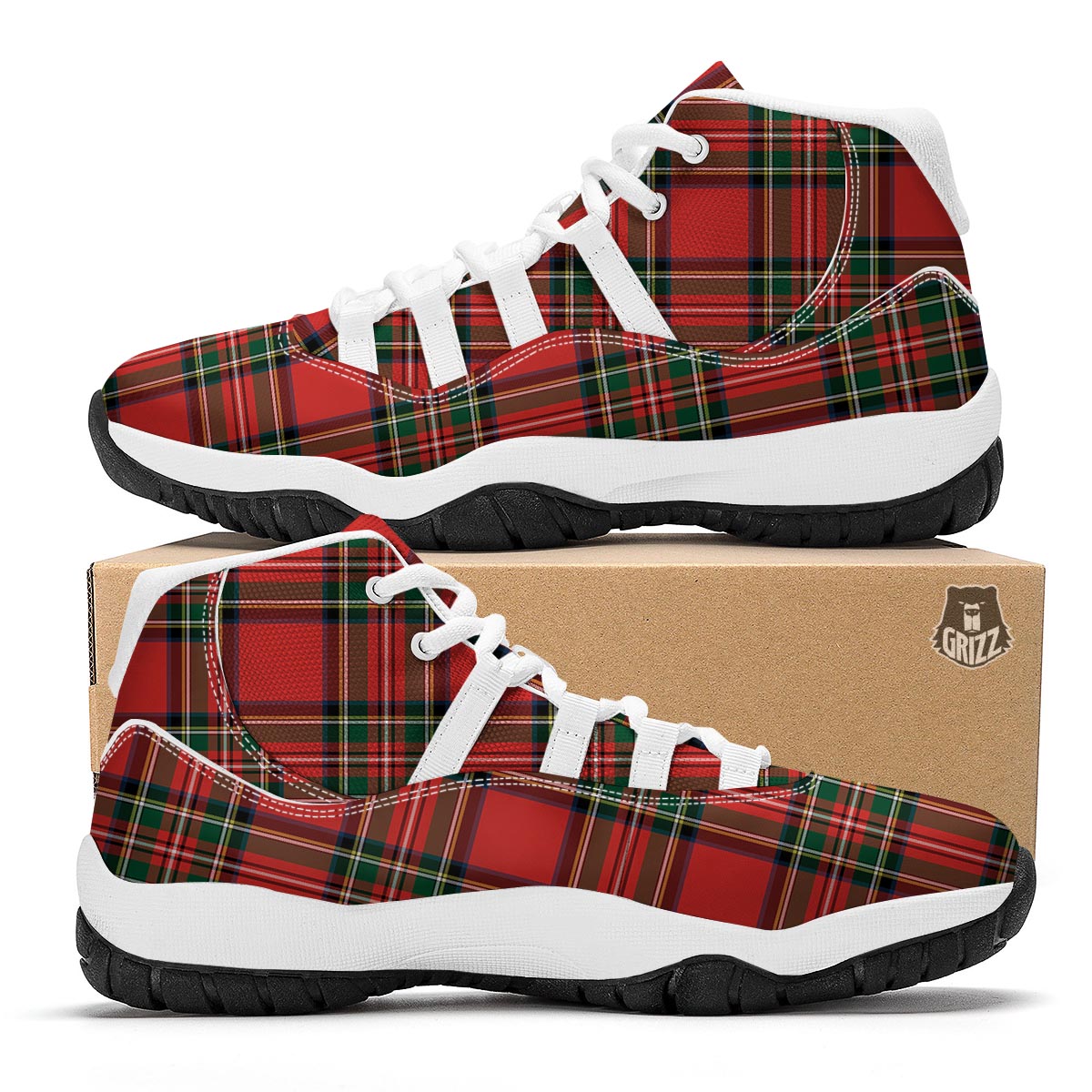 Scottish Stewart Tartan Print Pattern White Bball Shoes-grizzshop