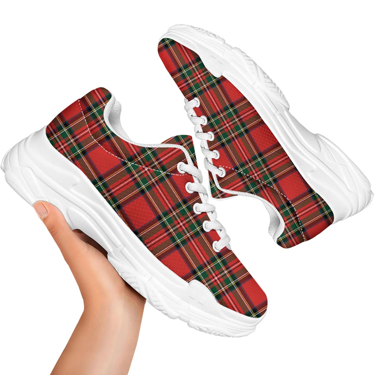 Scottish Stewart Tartan Print Pattern White Chunky Shoes-grizzshop
