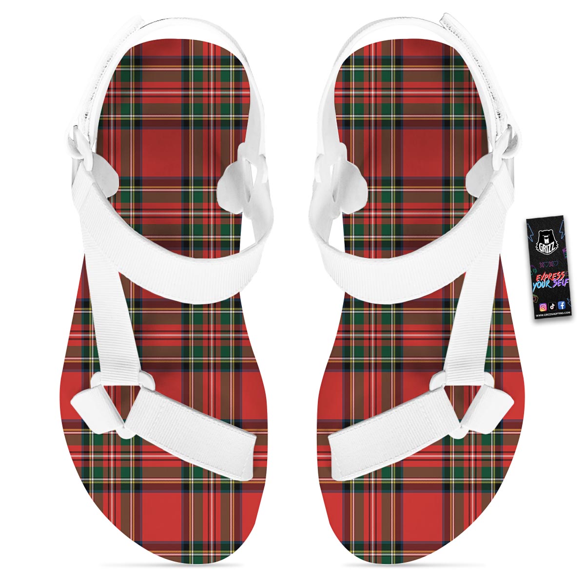 Scottish Stewart Tartan Print Pattern White Open Toe Sandals-grizzshop