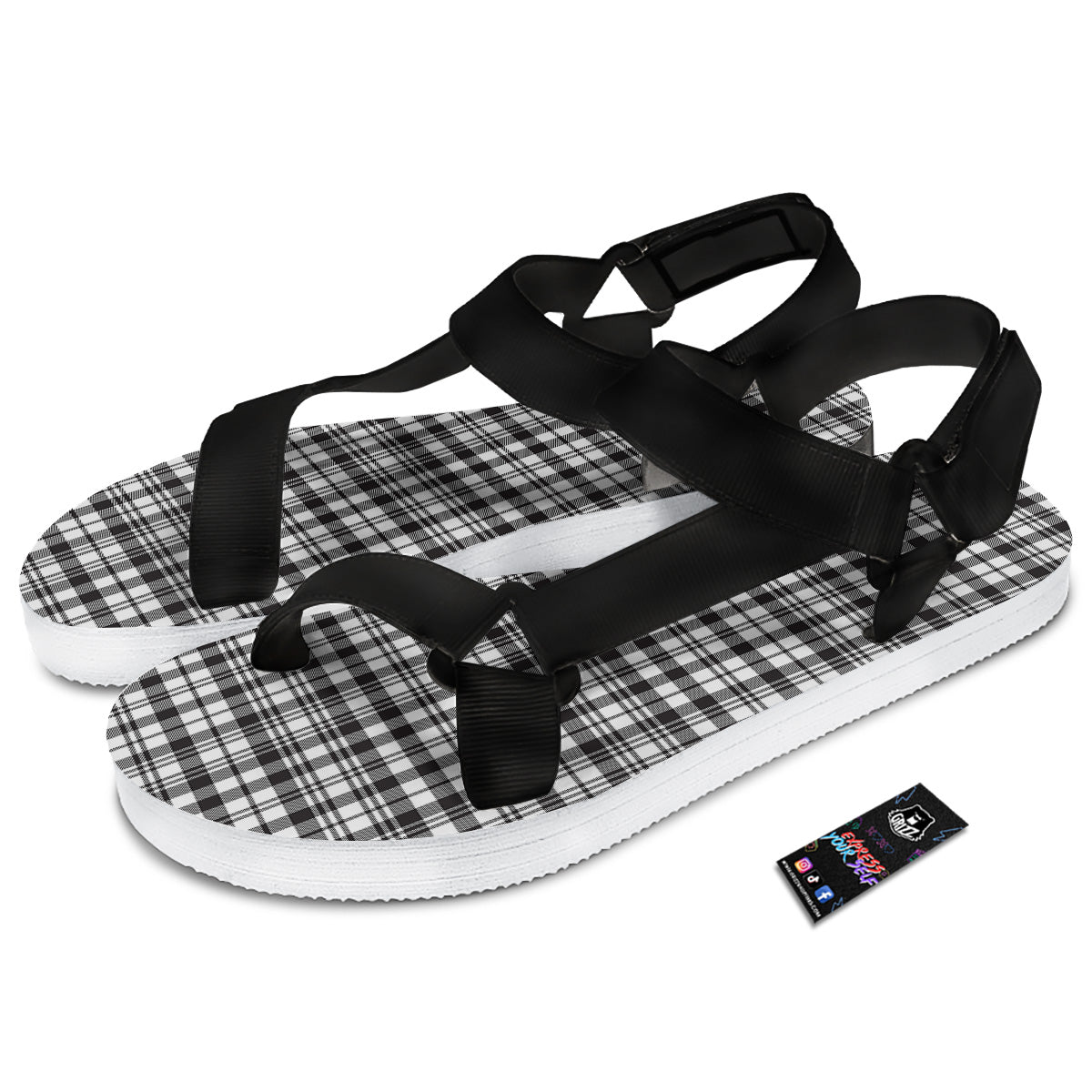 Scottish Tartan Black Watch Print Black Open Toe Sandals-grizzshop