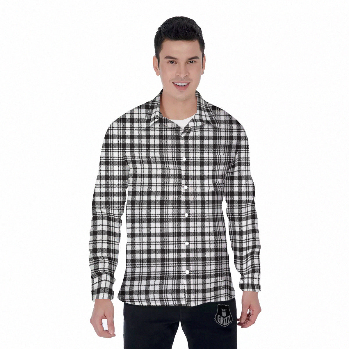 Scottish Tartan Black Watch Print Men's Long Sleeve Shirts-grizzshop