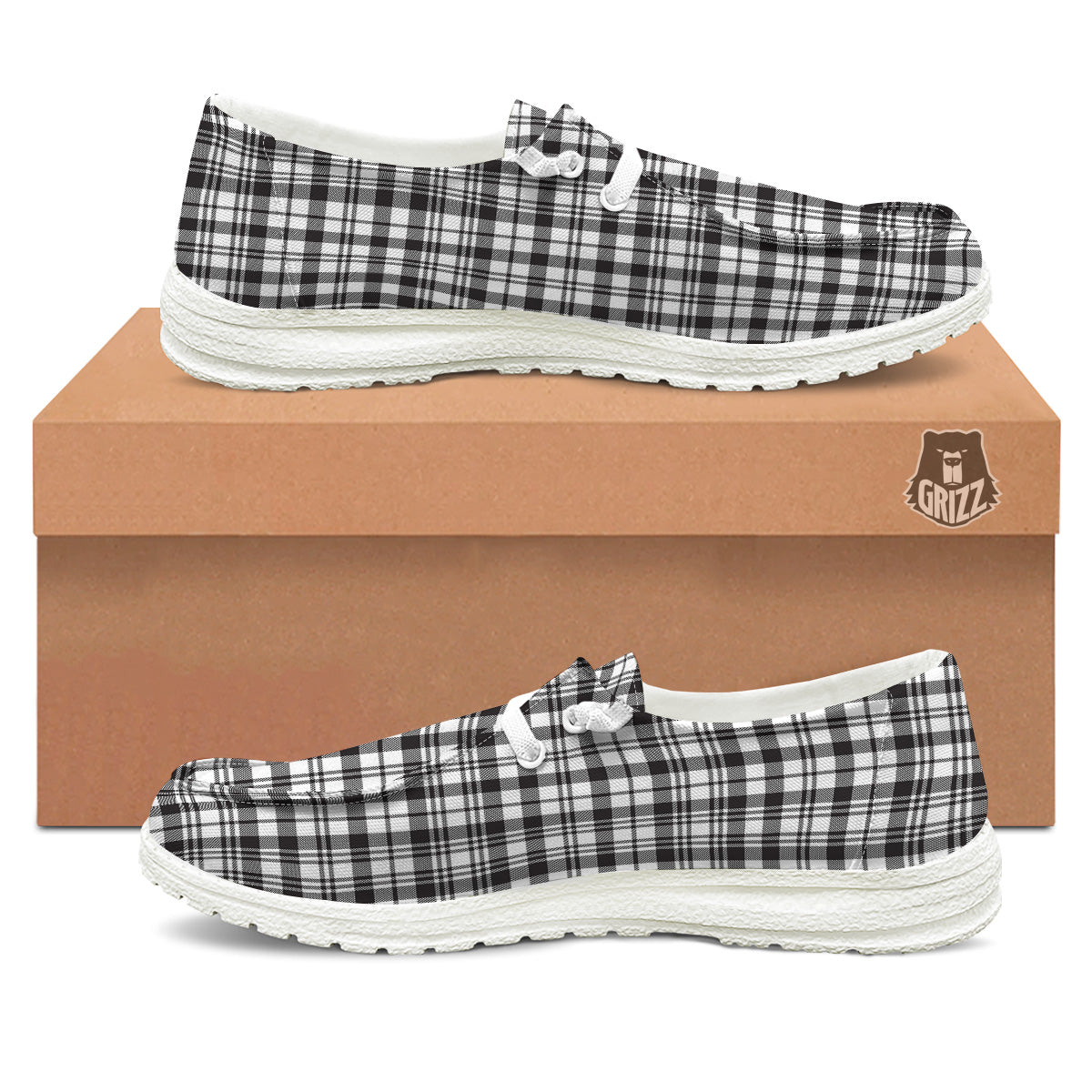 Scottish Tartan Black Watch Print White Loafers-grizzshop