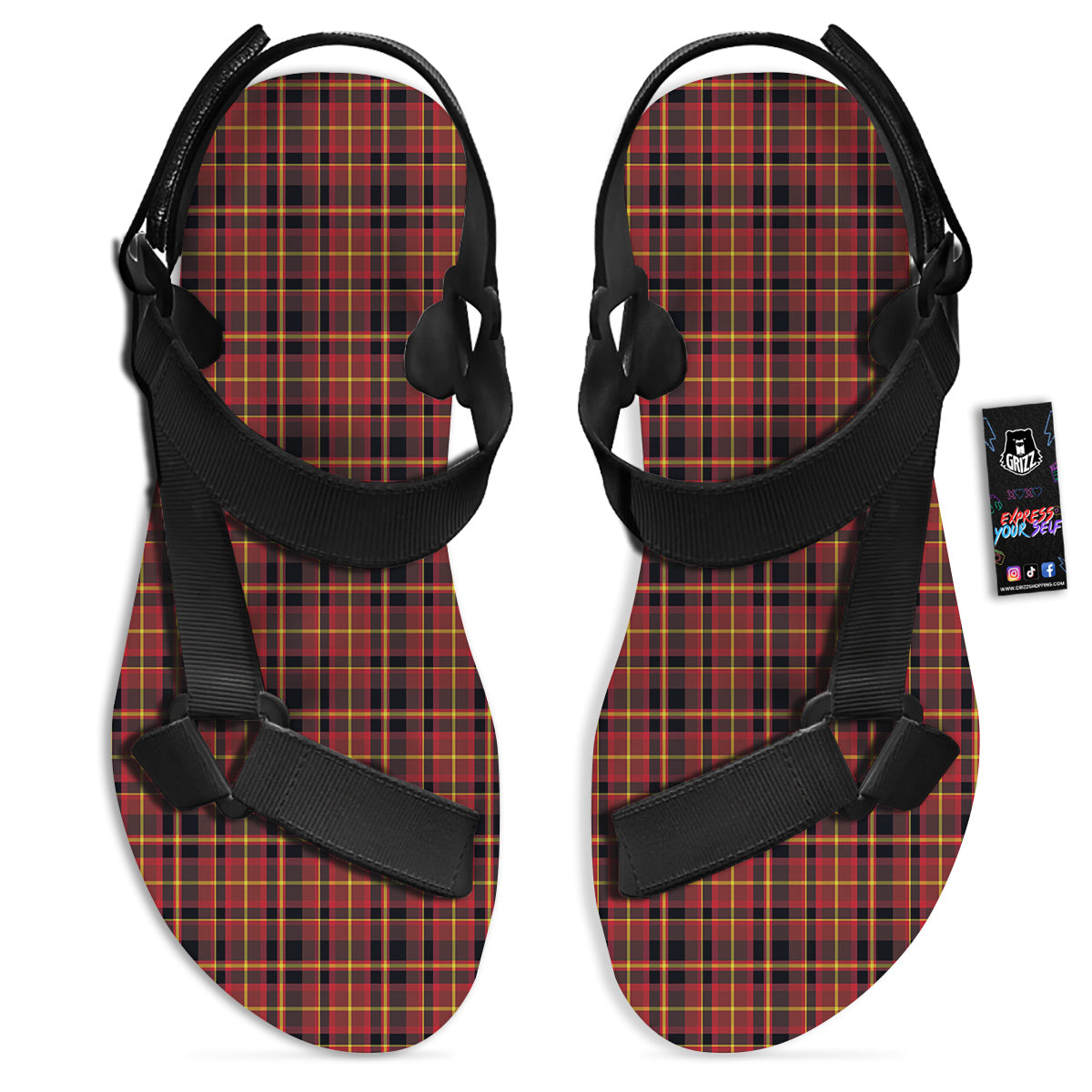 Scottish Tartan Clan Wallace Print Black Open Toe Sandals-grizzshop