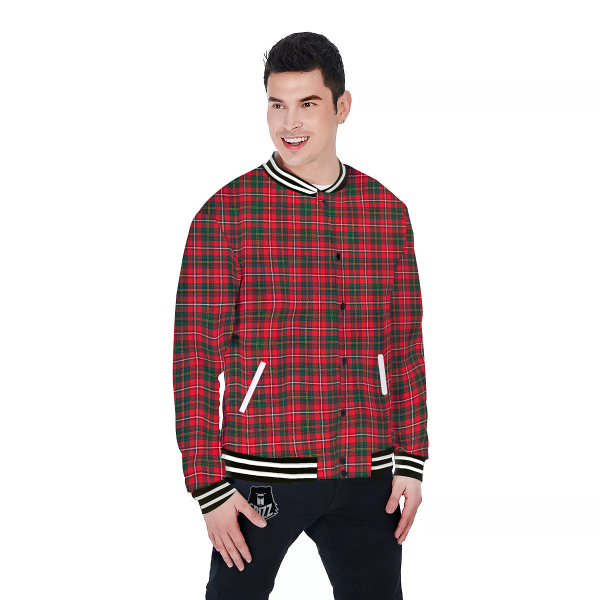 Scottish Tartan Green And Red Print Baseball Jacket-grizzshop
