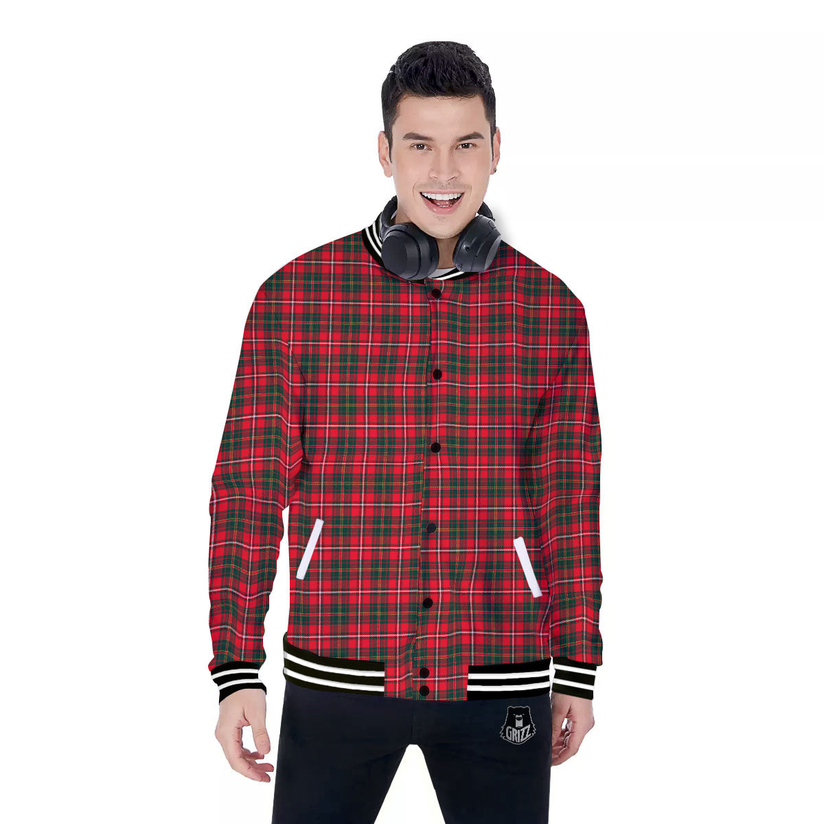 Scottish Tartan Green And Red Print Baseball Jacket-grizzshop