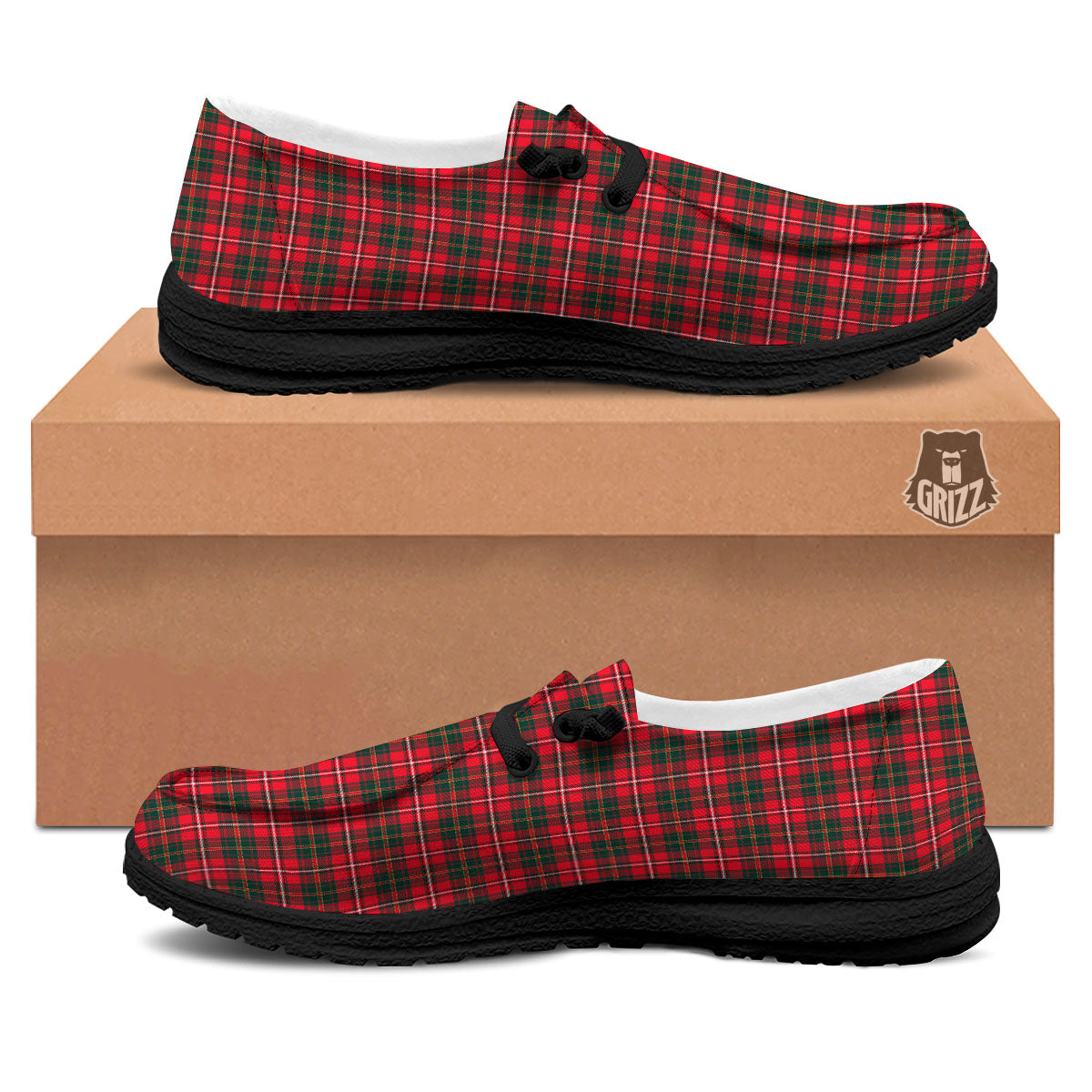 Scottish Tartan Green And Red Print Black Loafers-grizzshop