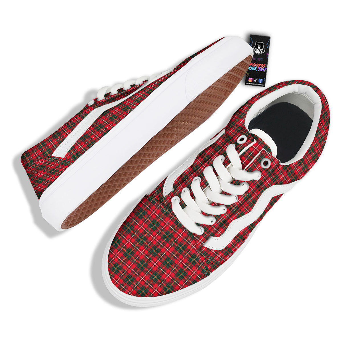 Scottish Tartan Green And Red Print Skate Shoes-grizzshop