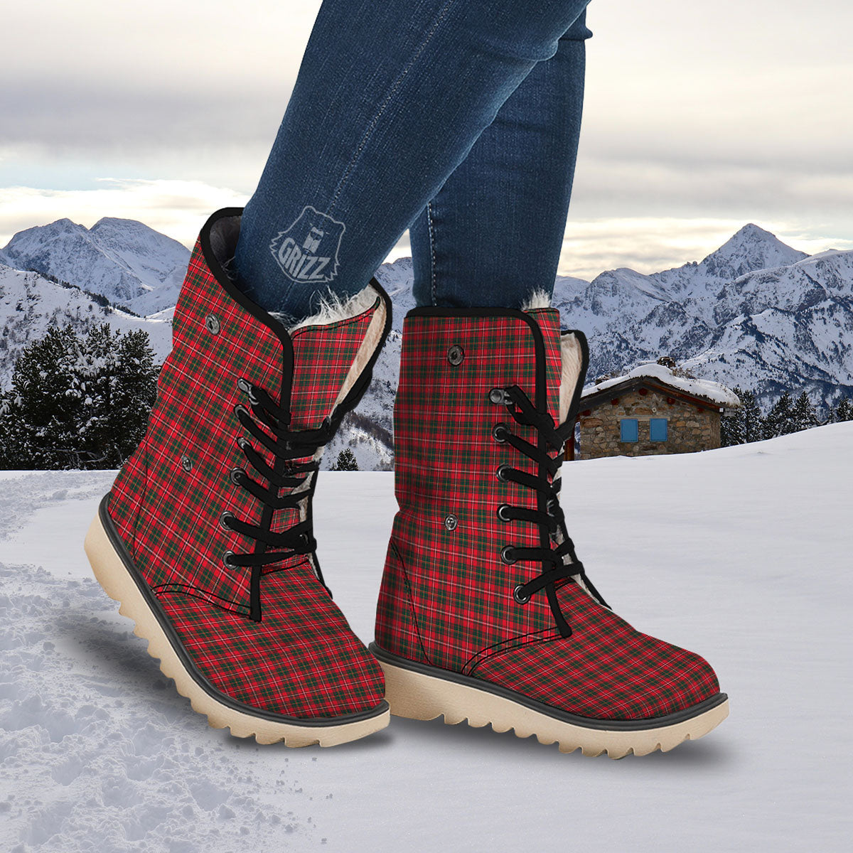 Scottish Tartan Green And Red Print Snow Boots-grizzshop