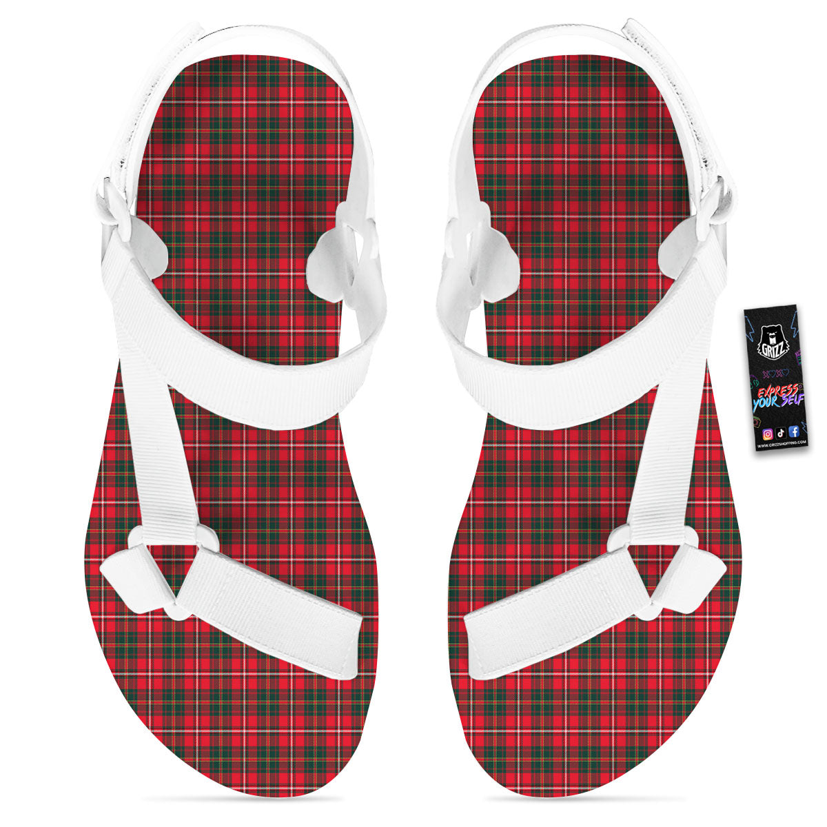 Scottish Tartan Green And Red Print White Open Toe Sandals-grizzshop