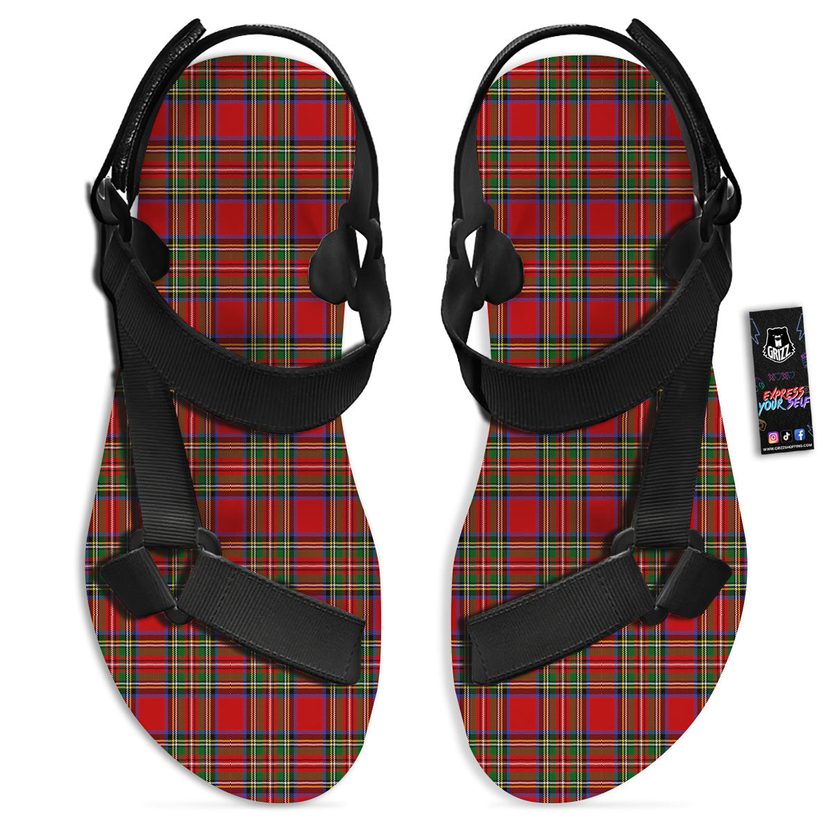 Scottish Tartan Pixel Stewart Print Pattern Black Open Toe Sandals-grizzshop