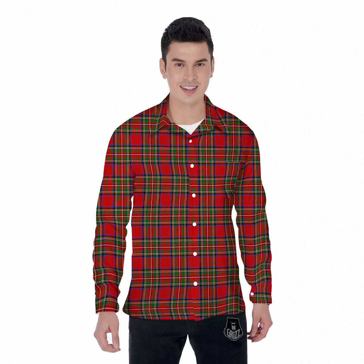 Scottish Tartan Pixel Stewart Print Pattern Men's Long Sleeve Shirts-grizzshop