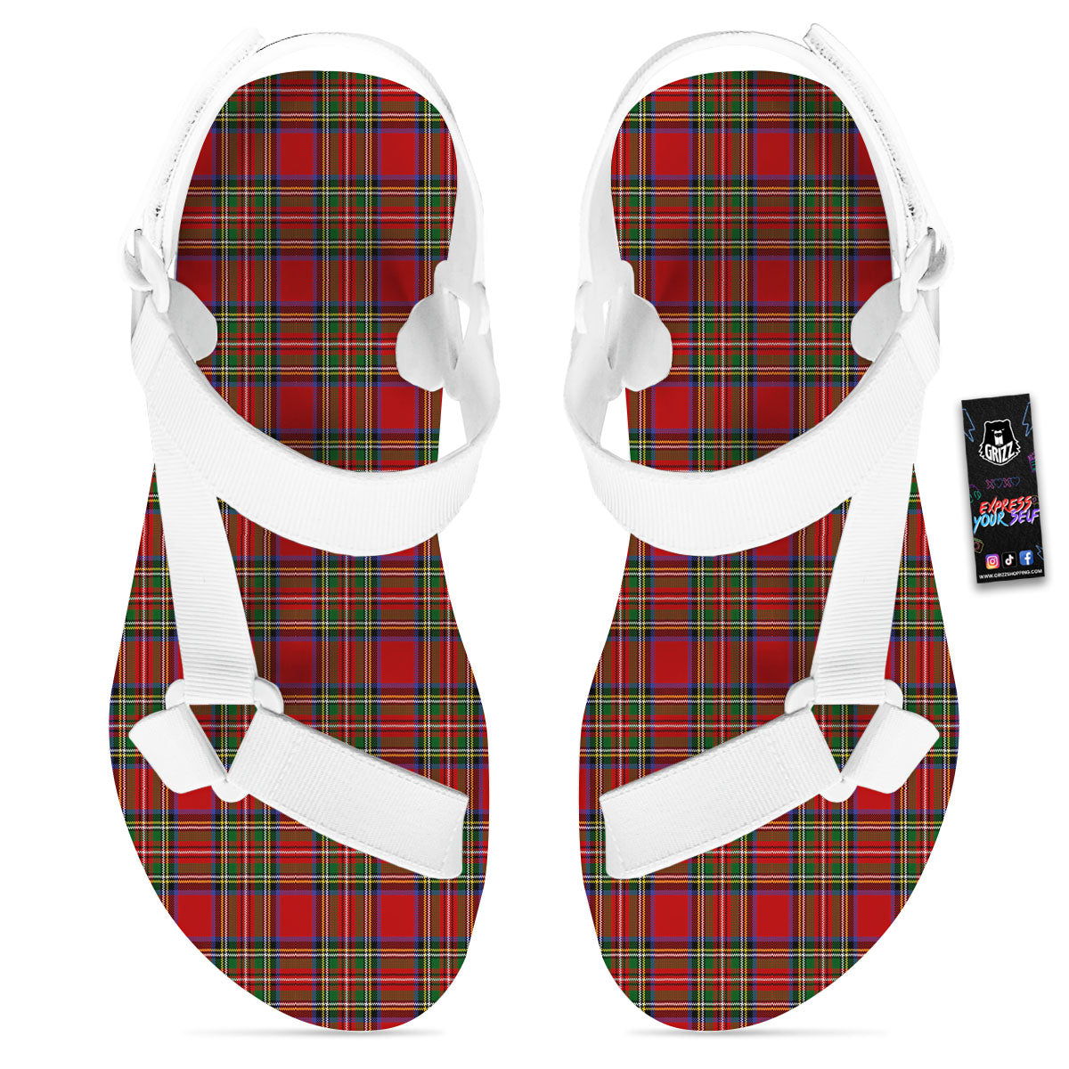 Scottish Tartan Pixel Stewart Print Pattern White Open Toe Sandals-grizzshop